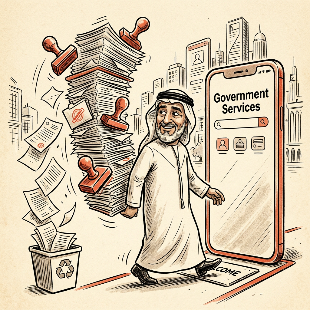 كاريكاتير يصور مواطناً ينجز معاملاته ورقياً وسط التحول الرقمي